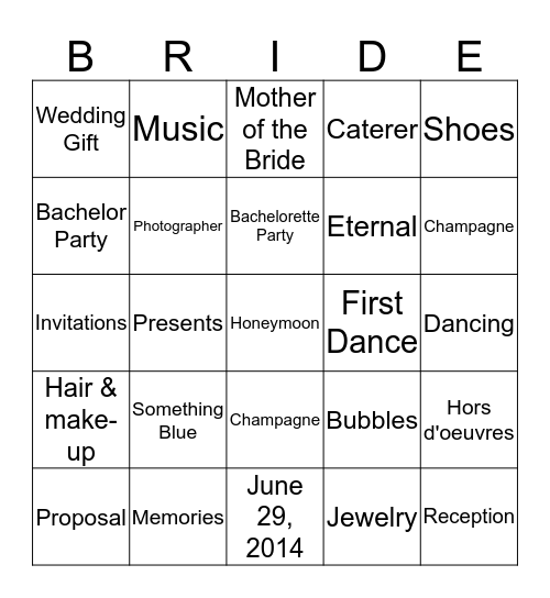 Blaine's Bridal Shower Bingo Card