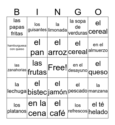 comidas y bebidas Bingo Card