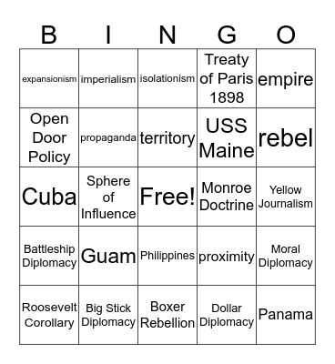 SPANISH AMERICAN WAR BINGO Card