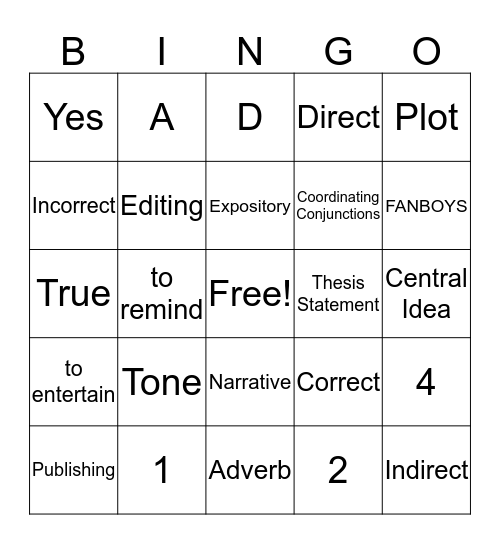 Language Arts Review Bingo Card