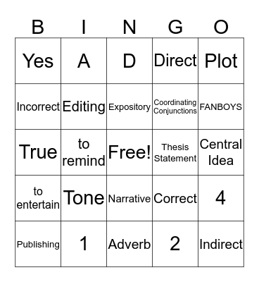 Language Arts Review Bingo Card