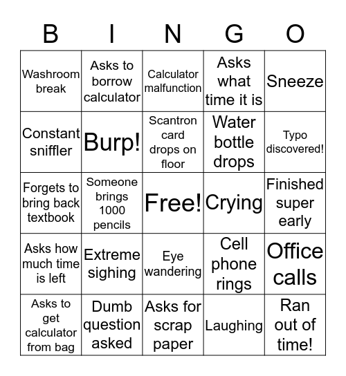 Exam Bingo Card