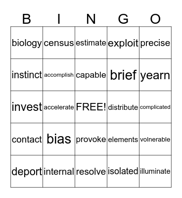 Read 180 Vocabulary Words Bingo Card