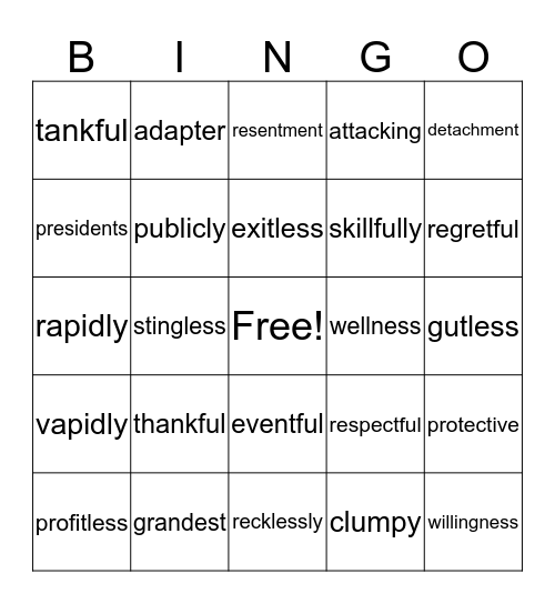 Vowel and Consonant Suffix Bingo Card