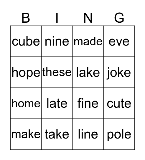 magic e Bingo Card
