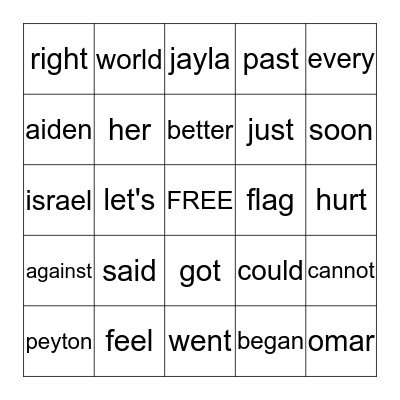 High Frequency Word Review Bingo Card