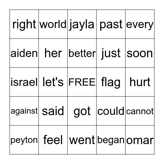 High Frequency Word Review Bingo Card