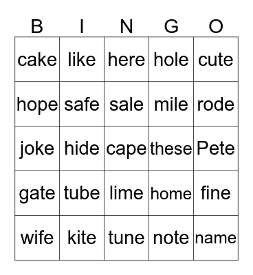 Long Vowel Bingo Card