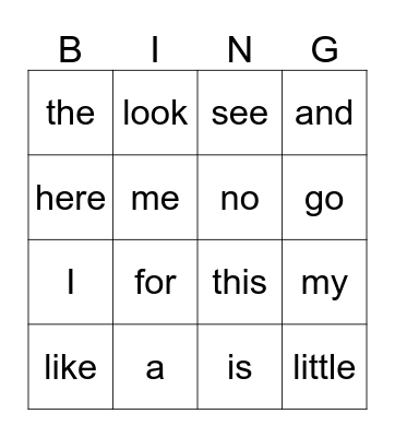 Sight Words Bingo Card