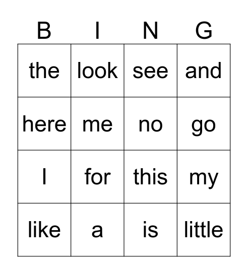 Sight Words Bingo Card