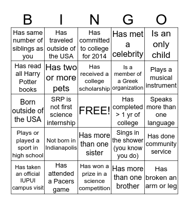 SRP Student Bingo Card