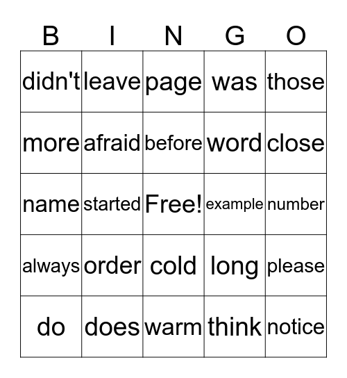 Word Wall Word Bingo Card