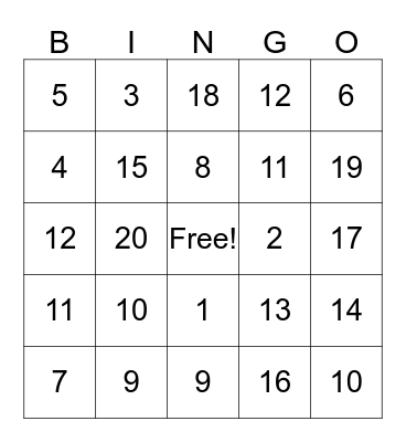 addition bingo Card