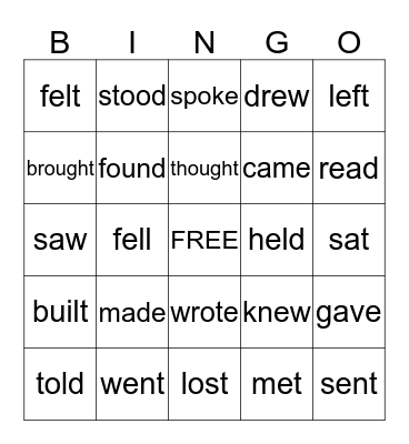 Irregular Past Tense Verbs Bingo Card