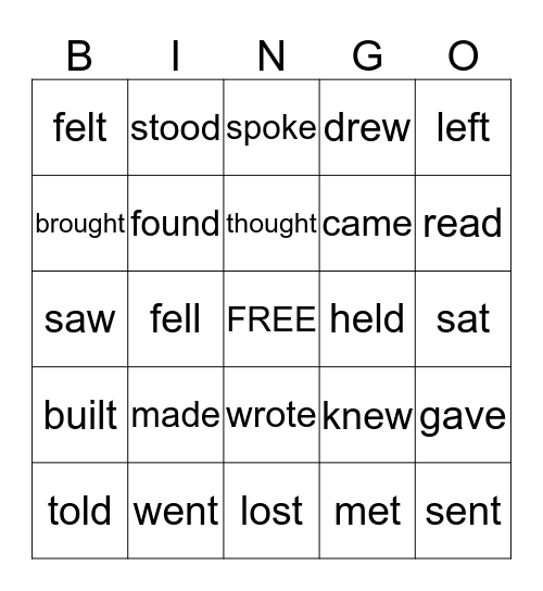 Irregular Past Tense Verbs Bingo Card