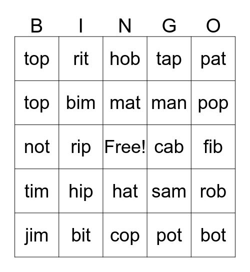 CVC Words Bingo Card