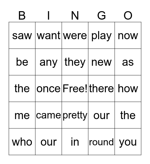 High Frequency Word Bing Bingo Card