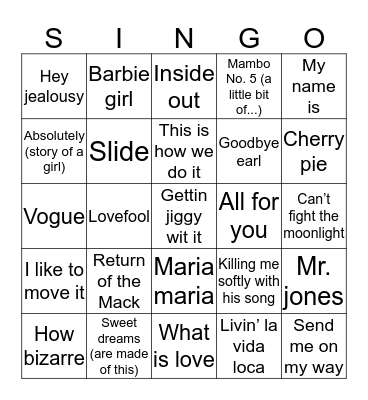 90s Singo Bingo Card