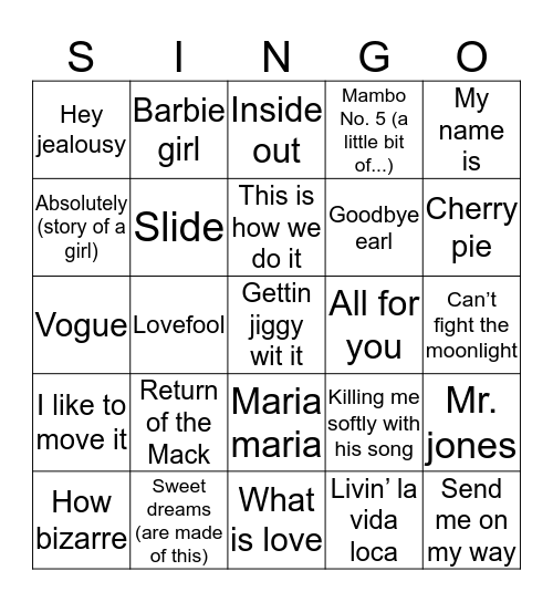 90s Singo Bingo Card