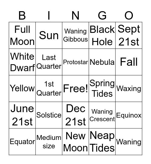 Moon Phases/Seasons/Stars Bingo Card