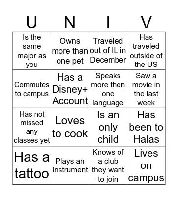 UNIV 201 Bingo Card
