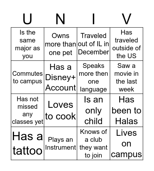 UNIV 201 Bingo Card