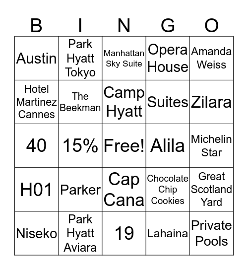 Hyatt Bingo Card