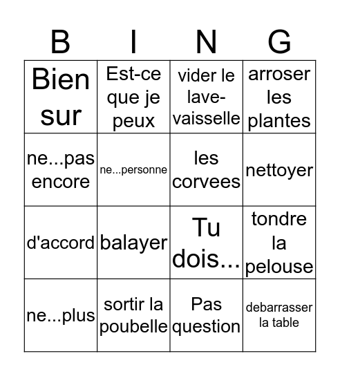 Vocabulaire (8-1) Bingo Card