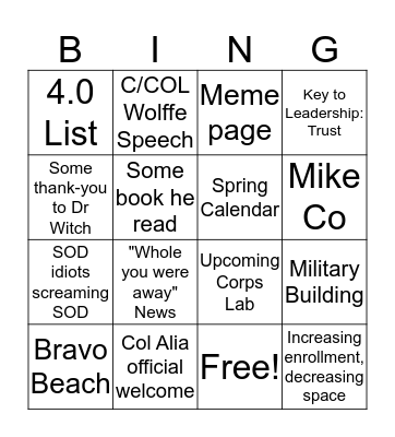Welcome Speech Bingo Card