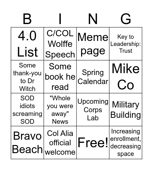 Welcome Speech Bingo Card