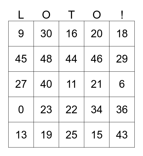 Les numéros 0 - 50 Bingo Card