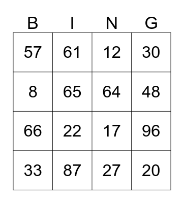 Number Bingo Card