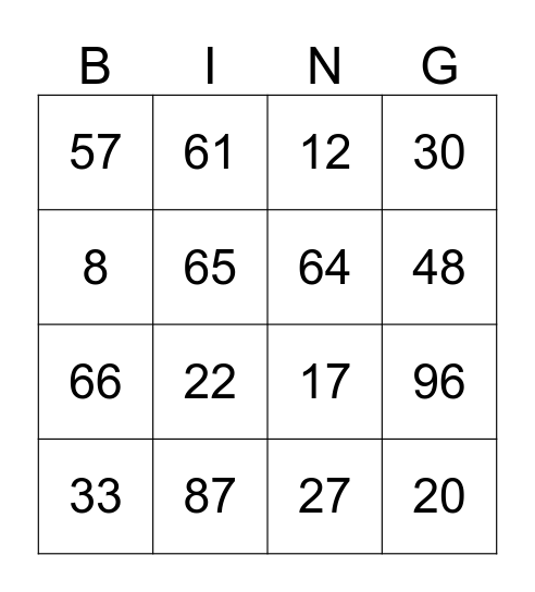 Number Bingo Card