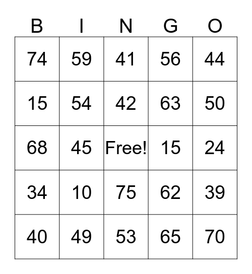 Ten More Ten Less Bingo Card