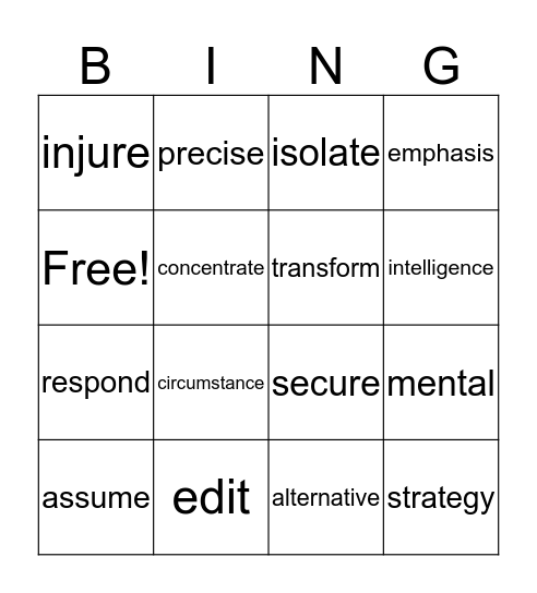 Target Words  Bingo Card