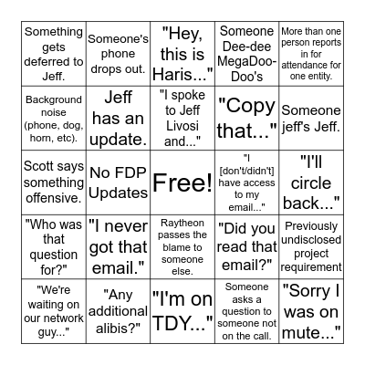 FDP Weekly Call Bingo Card