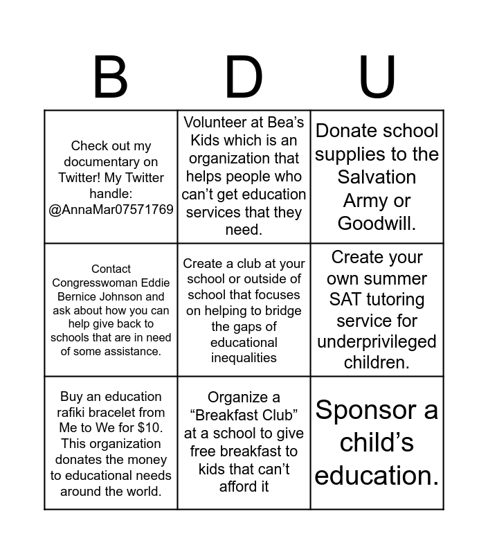 Equal Opportunity Education Bingo Card