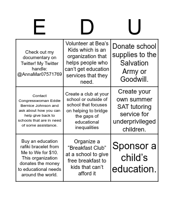 Equal Opportunity Education Bingo Card