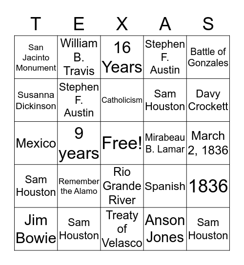 Republic of Texas Bingo Card