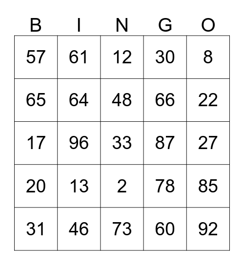Number Bingo Card