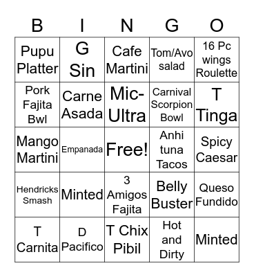 Scorpion Bar  Bingo Card