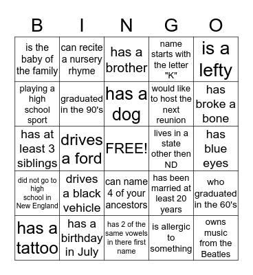 Family Bingo  Bingo Card