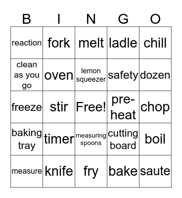 Cooking Class BIngo Card