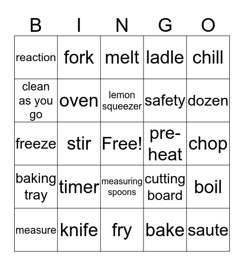 Cooking Class BIngo Card