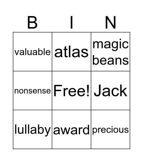 Jack and the Beanstalk Bingo Card