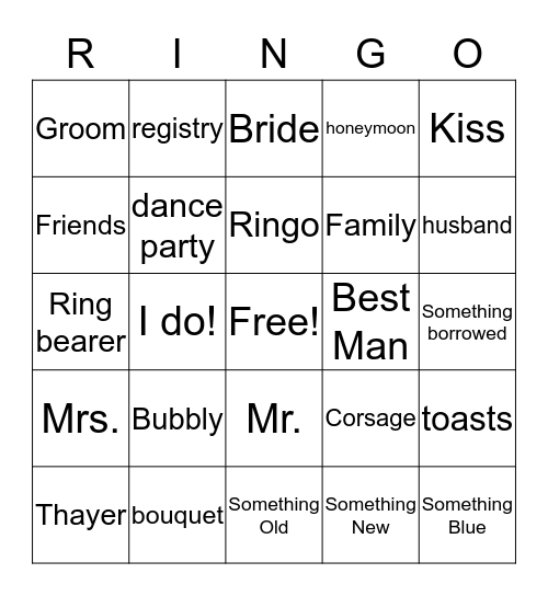 Kellie's Bridal Bingo Card