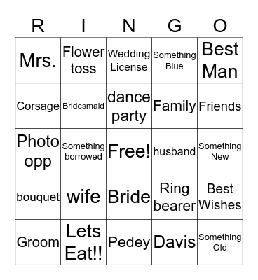 Kellie's Bridal Bingo Card