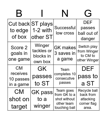 Boys Football Bingo Card