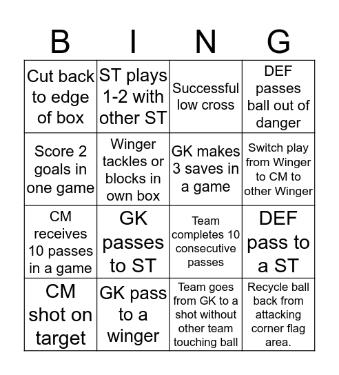 Boys Football Bingo Card