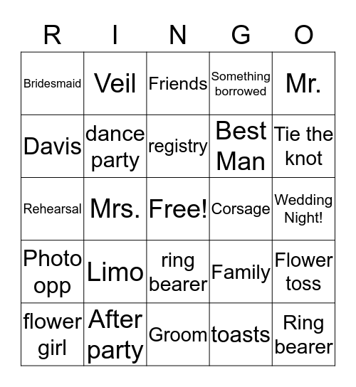 Kellie's Bridal Bingo Card